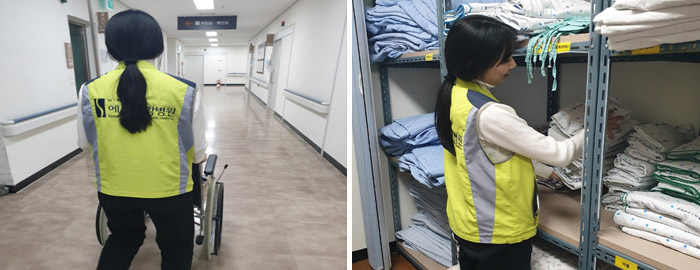휠체어를 밀고 있는 학생 모습, 환자복을 정리중인 학생 모습